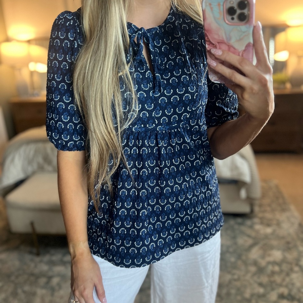 Loft Navy Blue Patterned Blouse - image 2